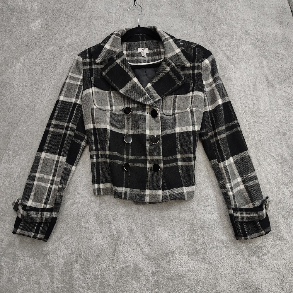 Cropped Jacket Womens S Plaid Double-Breasted Wool‎ Blend Black Mirror Button